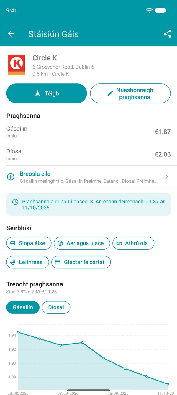Sonraí stáisiúin gháis in aip Drivvo le praghsanna breosla, seirbhísí agus cairt stair na bpraghsanna