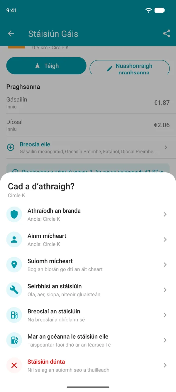 Roghanna Mol athrú in aip Drivvo: branda, ainm, suíomh, seirbhísí, breoslaí, stáisiún dúblach nó stáisiún dúnta
