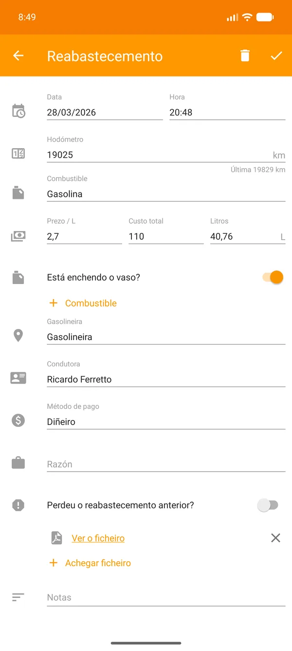 Drivvo — Rexistro — Seguimento do combustible