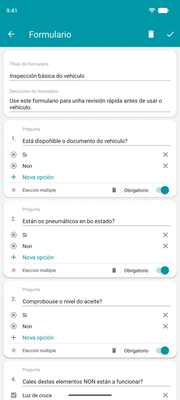 Creación dun formulario de lista de verificación na aplicación Drivvo, con preguntas de si ou non e un campo obrigatorio