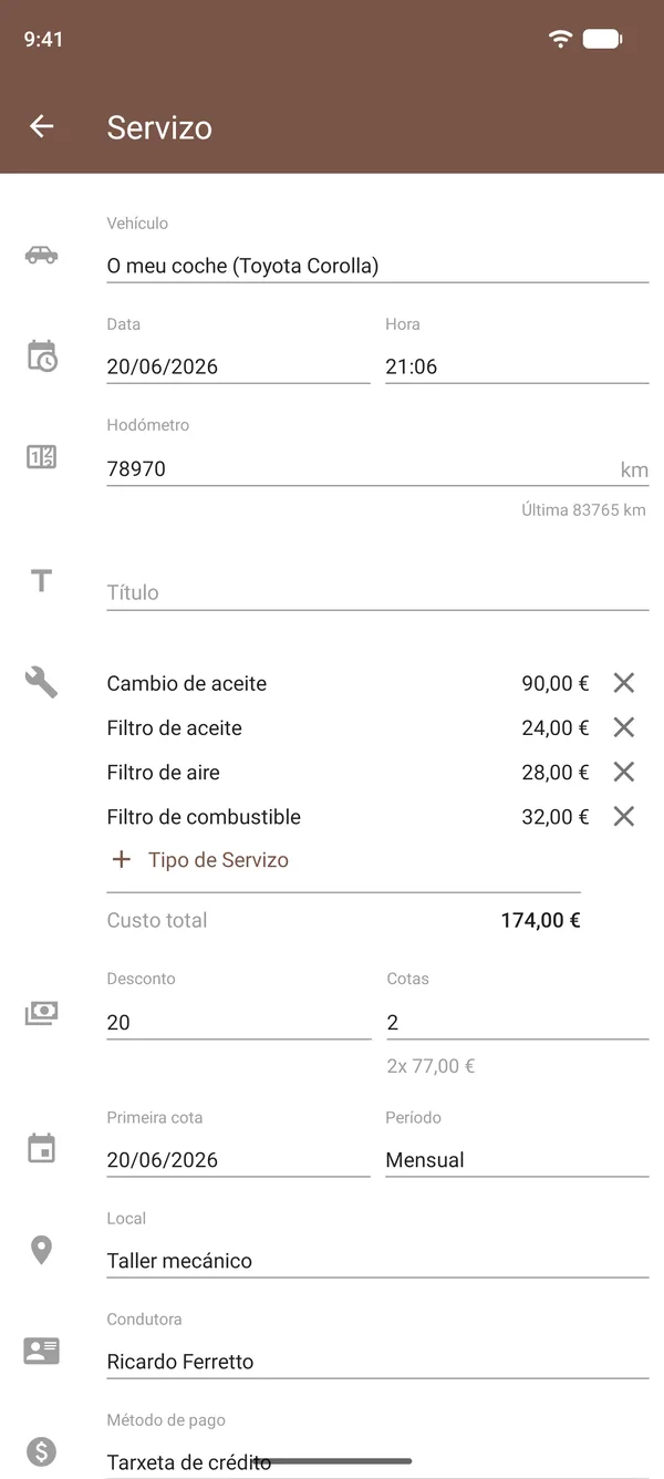 Rexistro dun servizo en Drivvo cun cambio de aceite, filtros, custos, hodómetro e lugar