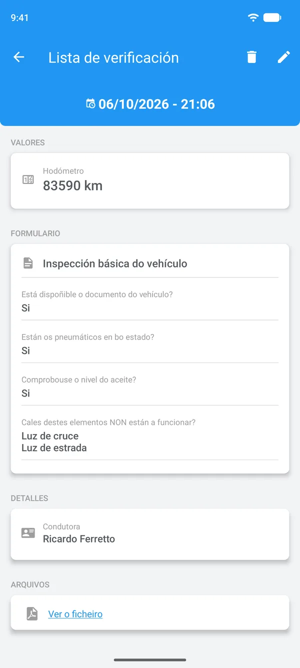Lista de verificación completada en Drivvo, coas respostas, o condutor e o ficheiro adxunto