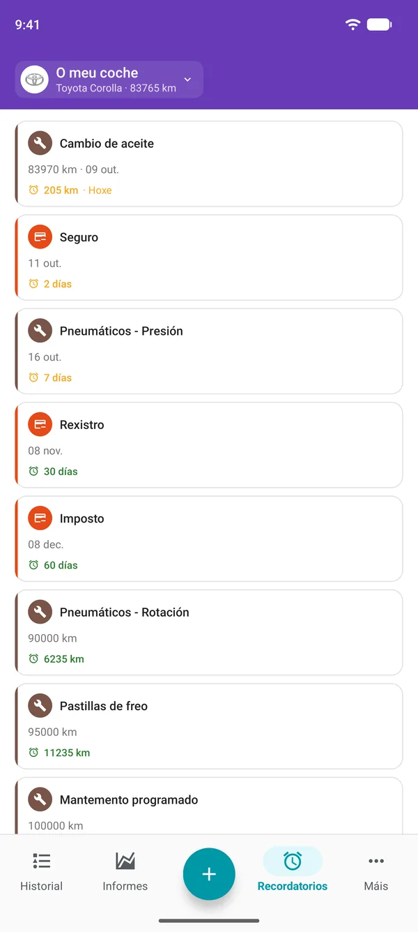 Recordatorios na aplicación Drivvo da revisión, a matriculación e os impostos, co tempo que falta para cada vencemento