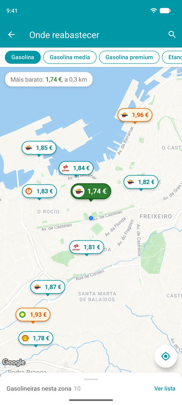 Mapa na aplicación Drivvo co prezo da gasolina en cada gasolineira próxima e a máis barata en verde