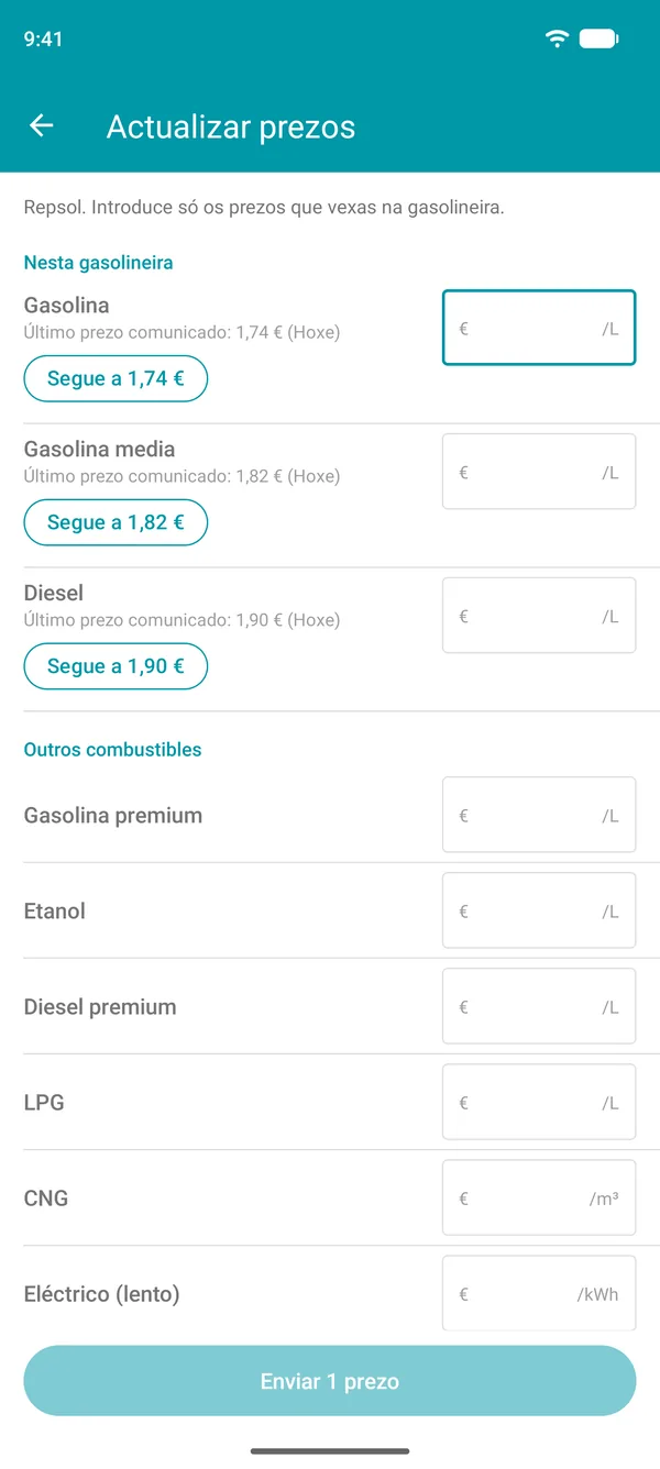 Pantalla Actualizar prezos na aplicación Drivvo, co último prezo comunicado de cada combustible e un botón para confirmalo