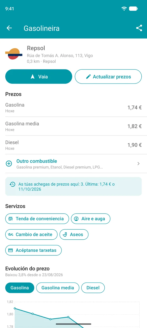 Detalles dunha gasolineira na aplicación Drivvo cos prezos dos combustibles, os servizos e o gráfico do historial de prezos