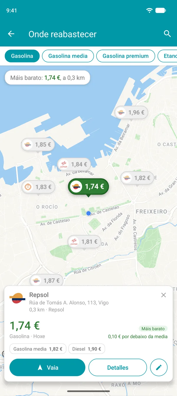 A gasolineira máis barata aberta na aplicación Drivvo, cos seus prezos do combustible, a distancia e o botón Vaia