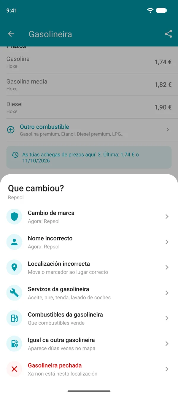 Opcións de Suxerir un cambio na aplicación Drivvo: marca, nome, localización, servizos, combustibles, gasolineira duplicada ou pechada