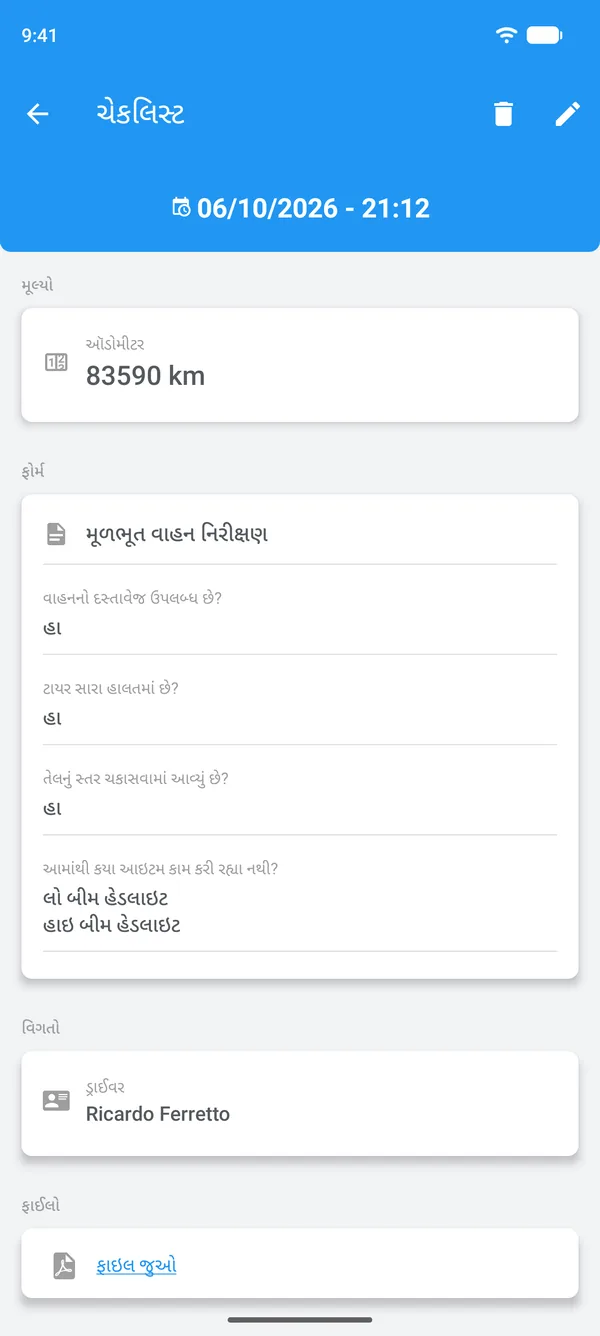 Drivvoમાં પૂર્ણ કરેલું ચેકલિસ્ટ, જવાબો, ડ્રાઇવર અને જોડેલી ફાઇલ સાથે
