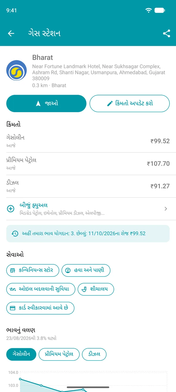 Drivvo ઍપમાં ફ્યુઅલની કિંમતો, સેવાઓ અને કિંમતોના ઇતિહાસના ચાર્ટ સાથે ગેસ સ્ટેશનની વિગતો
