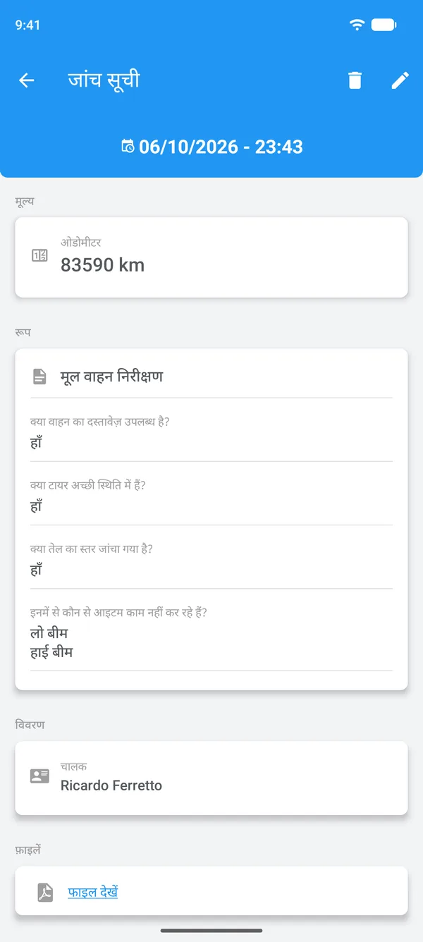 Drivvo में भरी गई चेकलिस्ट, जवाबों, ड्राइवर और संलग्न फ़ाइल के साथ