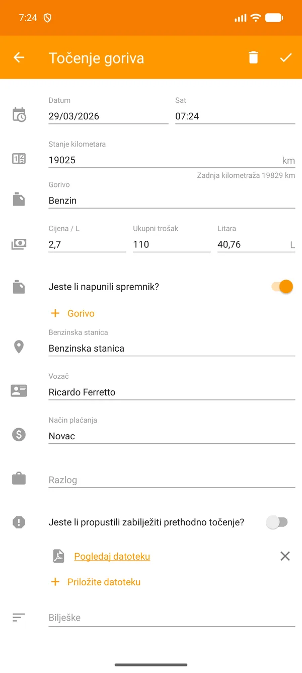 Drivvo — Registracija — Praćenje goriva