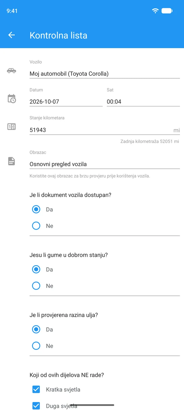 Kontrolna lista vozila ispunjena na mobitelu, s vozilom, stanjem brojača kilometara i odgovorima da ili ne