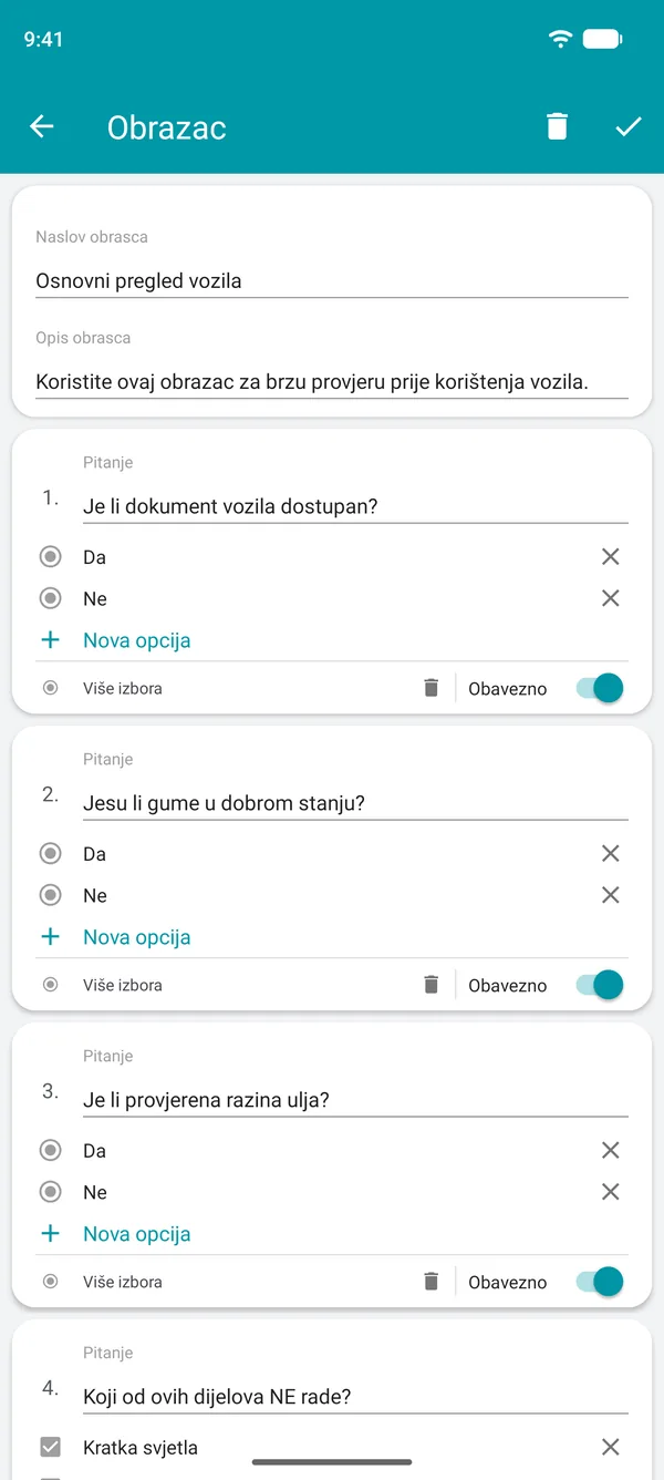 Izrada obrasca kontrolne liste u aplikaciji Drivvo, s pitanjima s odgovorima da ili ne i obveznim poljem