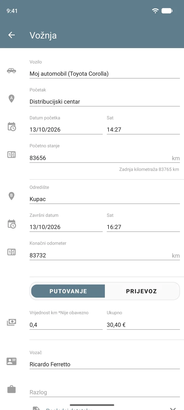 Unos vožnje s polazištem, odredištem, stanjima brojača kilometara, iznosom po jedinici udaljenosti i ukupnim iznosom