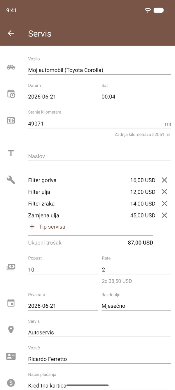 Zapis servisa u Drivvo s promjenom ulja, filtrima, troškovima, stanjem brojača kilometara i lokacijom