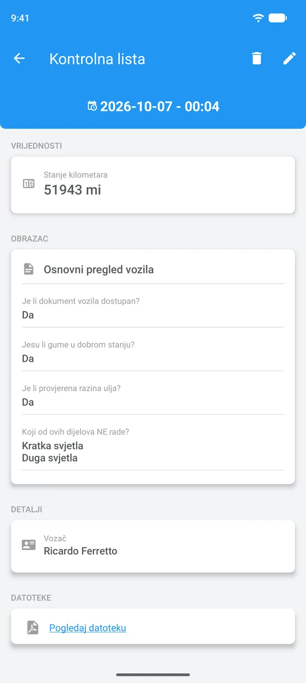 Ispunjena kontrolna lista u Drivvo, s odgovorima, vozačem i priloženom datotekom