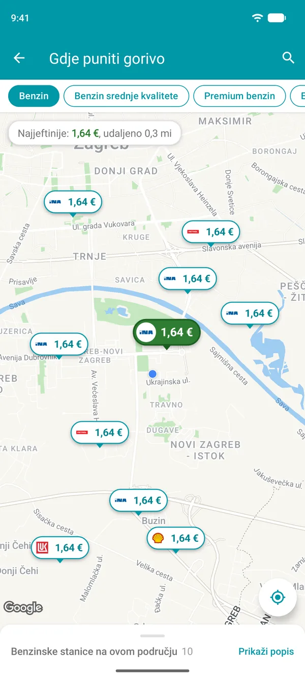 Karta u aplikaciji Drivvo s cijenom benzina na svakoj benzinskoj stanici u blizini, najjeftinija je označena zelenom bojom