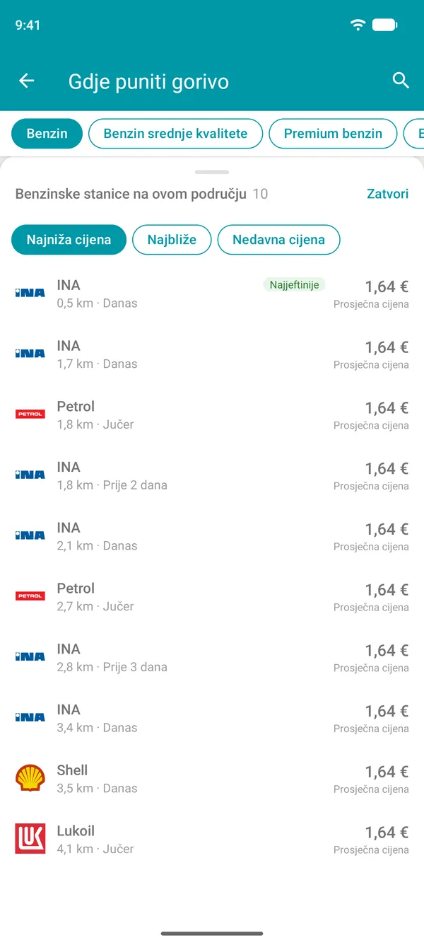 Popis benzinskih stanica u vašoj blizini u aplikaciji Drivvo, od najniže cijene, uz mogućnost sortiranja po udaljenosti