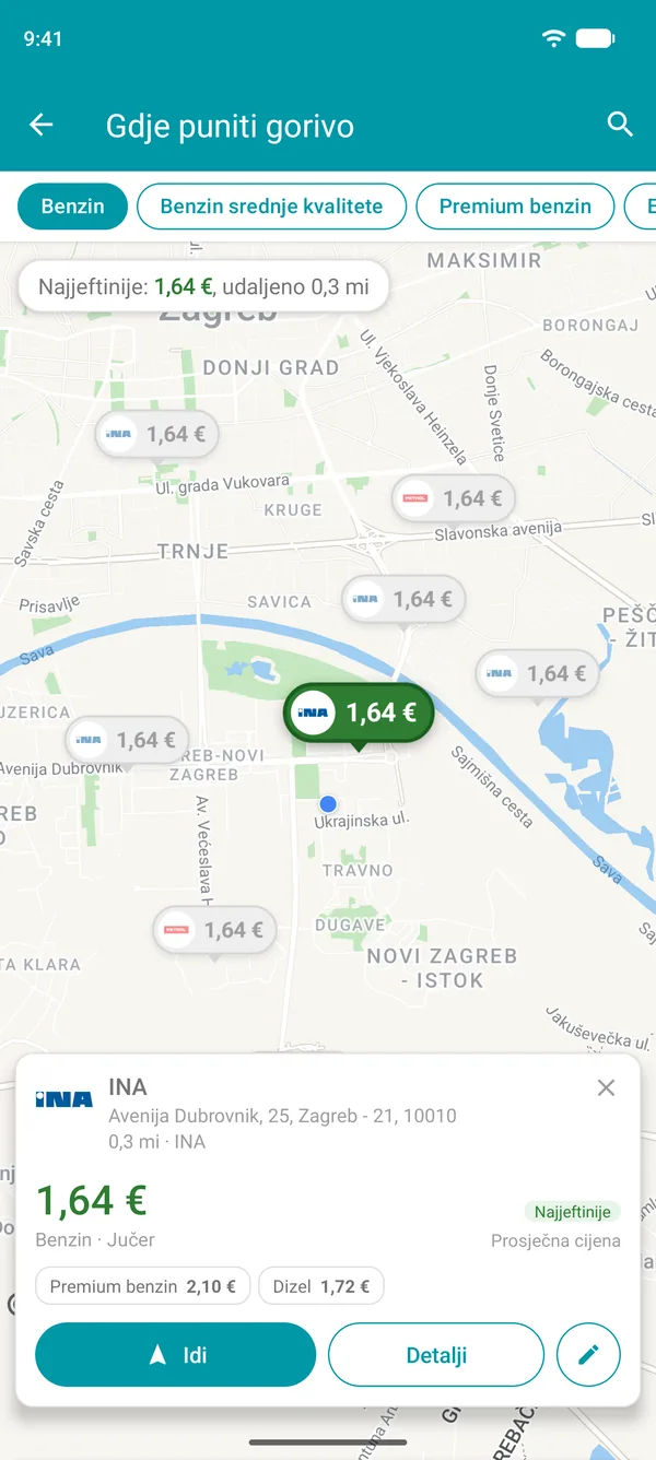 Prikaz najjeftinije stanice u aplikaciji Drivvo s cijenama goriva, udaljenošću i gumbom Idi