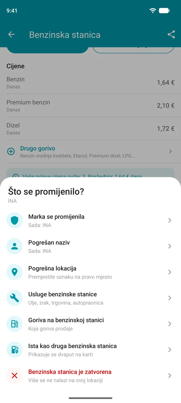 Mogućnosti Predložite izmjenu u aplikaciji Drivvo: marka, naziv, lokacija, usluge, goriva te dvostruko unesena ili zatvorena benzinska stanica