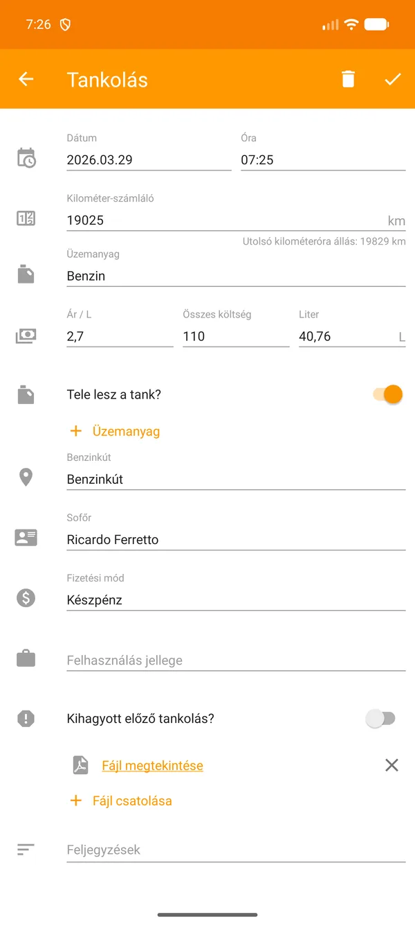 Drivvo — Regisztráció — Üzemanyag-követés