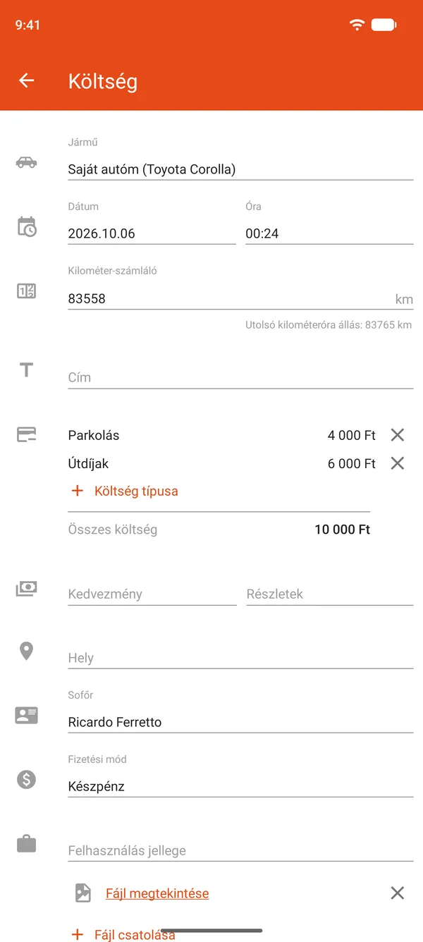 Parkolást és útdíjat, kedvezményt és részleteket tartalmazó költségbejegyzés