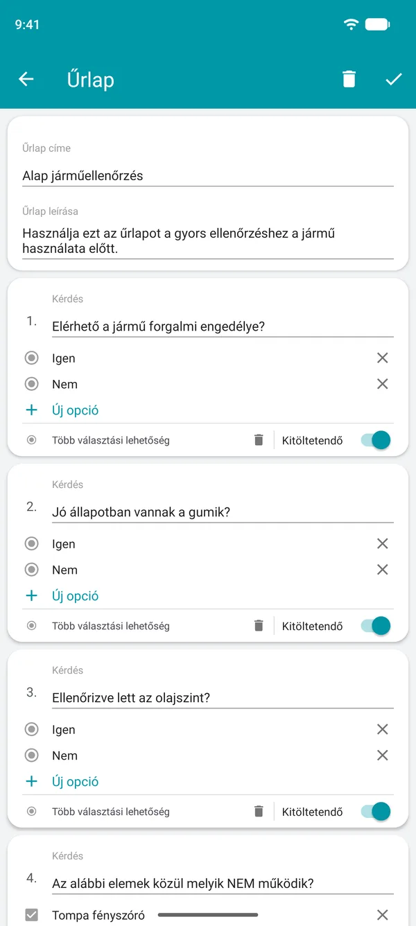 Ellenőrzőlista-űrlap létrehozása a Drivvo alkalmazásban igen-nem kérdésekkel és kötelező mezővel