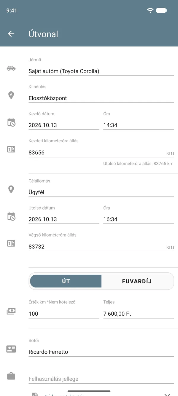 Útvonal rögzítése út módban, indulási és érkezési hellyel, kilométeróra-állásokkal, egységárral és végösszeggel