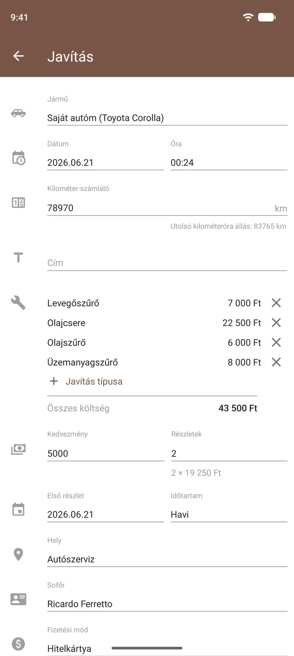Szervizbejegyzés a Drivvo alkalmazásban olajcserével, szűrőkkel, költségekkel, kilométer-számláló állásával és helyszínnel