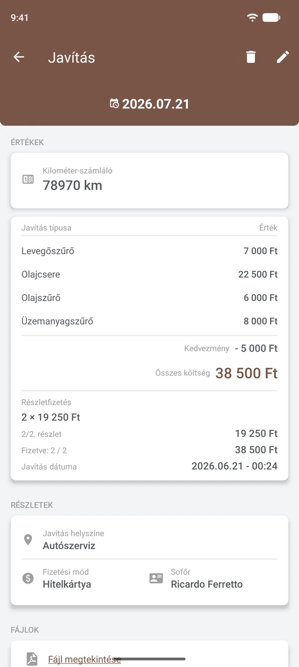 Szerviz részletei a tételekkel, kedvezménnyel, részletekkel, helyszínnel és sofőrrel
