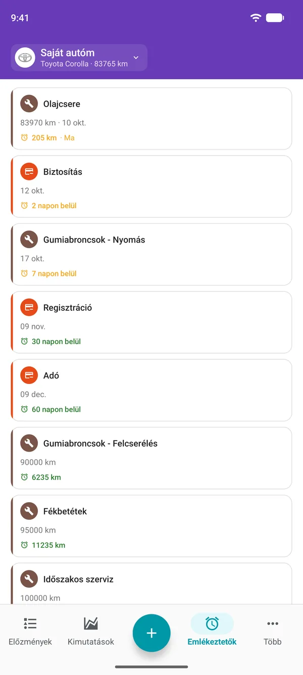 Emlékeztetők a Drivvo alkalmazásban a szervizre, a forgalmi engedélyre és az adókra, a határidőkig hátralévő idővel
