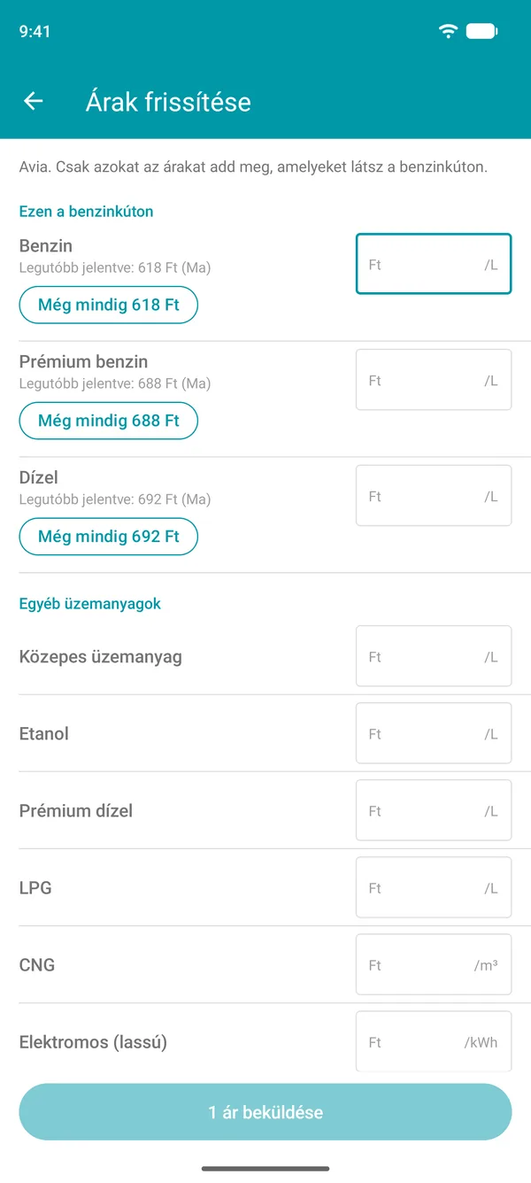 Árak frissítése képernyő a Drivvo alkalmazásban, az egyes üzemanyagok legutóbb jelentett árával és a megerősítés gombjával