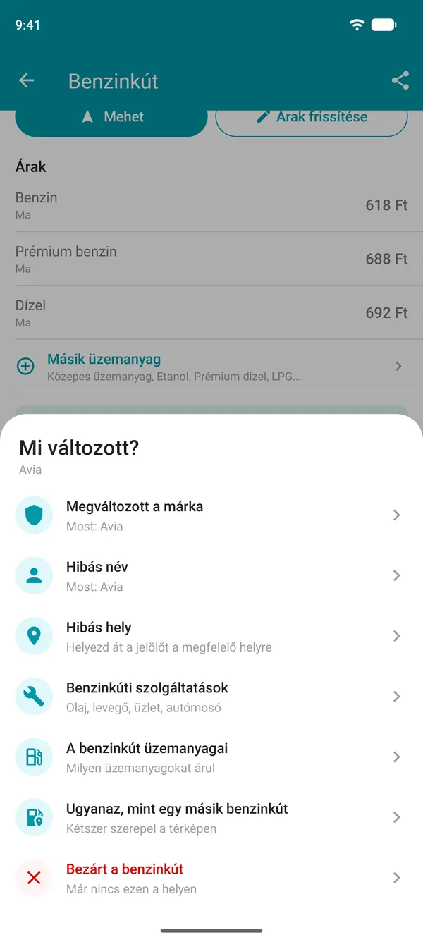 Módosítás javaslata lehetőségek a Drivvo alkalmazásban: márka, név, hely, szolgáltatások, üzemanyagok, duplikált vagy bezárt benzinkút