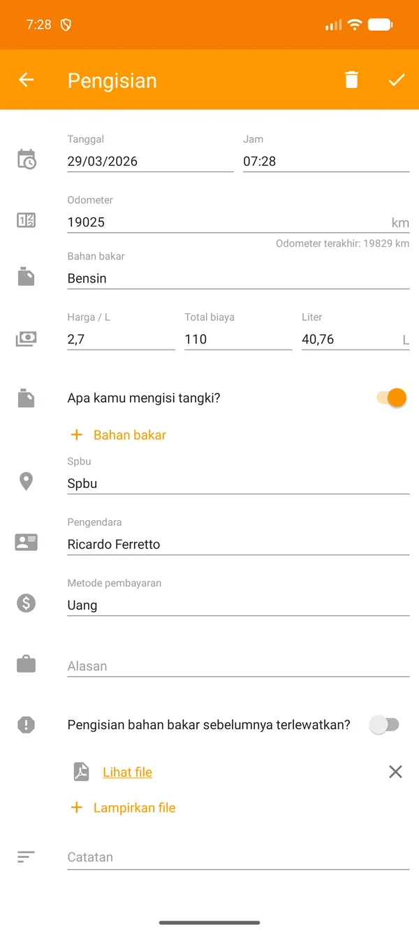 Drivvo — Pendaftaran — Pengisian