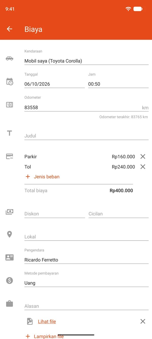 Pencatatan pengeluaran untuk parkir dan tol, dengan diskon dan cicilan