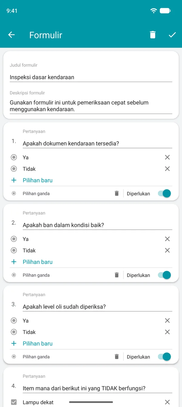 Membuat formulir daftar periksa di aplikasi Drivvo, dengan pertanyaan ya atau tidak dan kolom wajib diisi