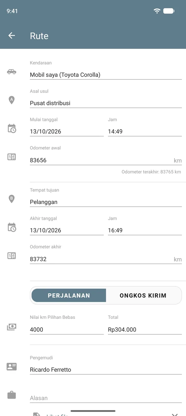 Entri rute dalam mode perjalanan, dengan titik awal, tujuan, angka odometer, tarif per jarak, dan total