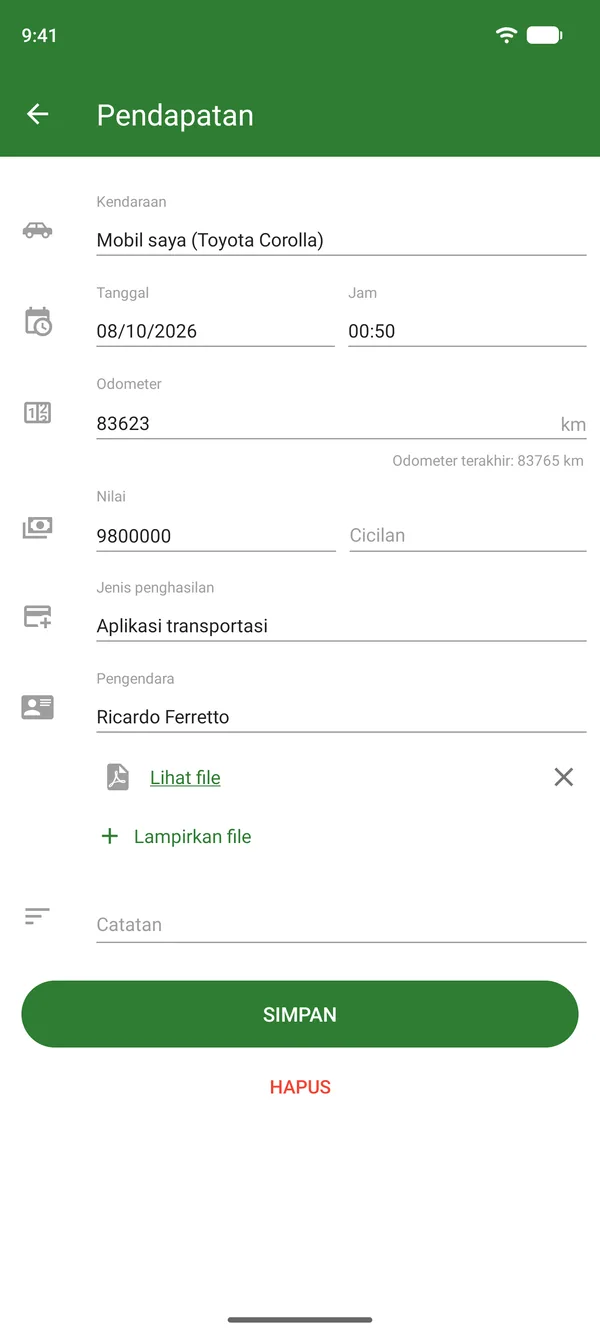 Catatan pendapatan transportasi online berisi jumlah, tanggal, dan odometer