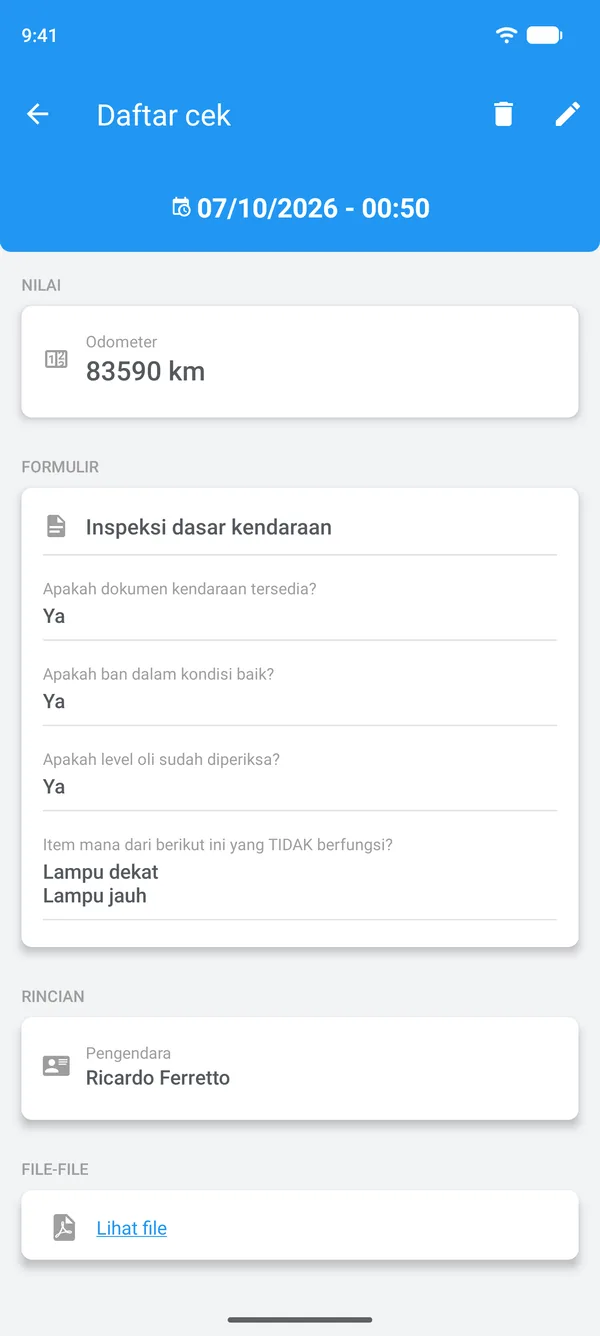 Daftar periksa yang sudah diisi di Drivvo, beserta jawaban, pengemudi, dan file terlampir