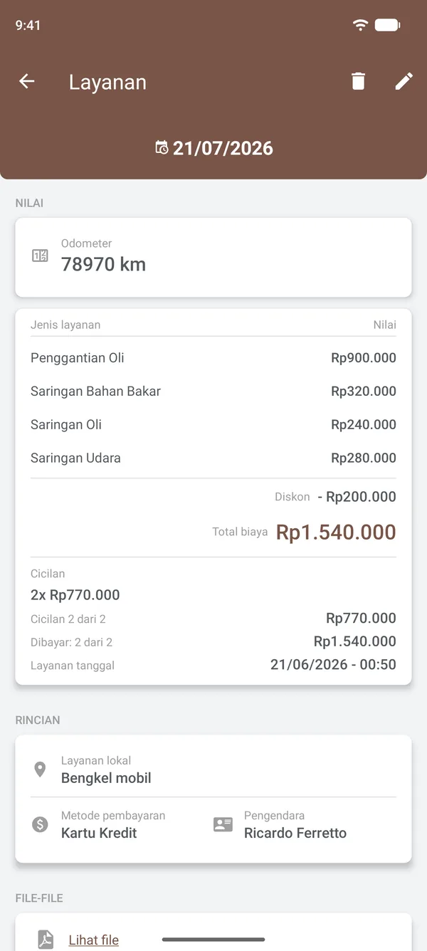 Detail servis berisi item, diskon, cicilan, lokasi, dan pengemudi