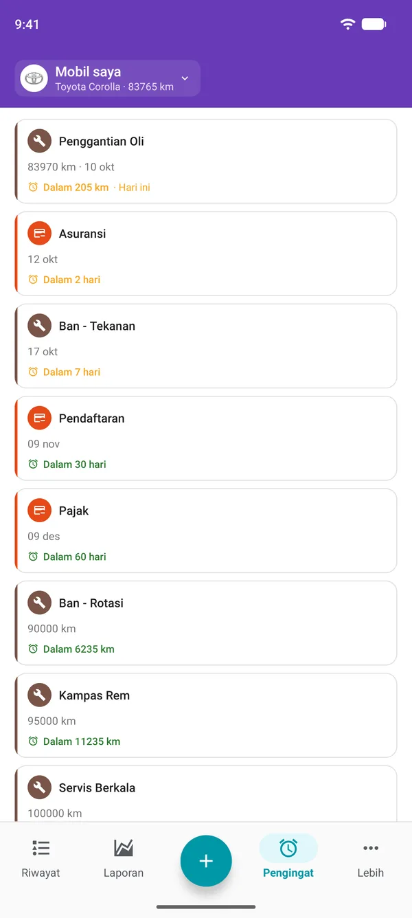 Pengingat servis, registrasi, dan pajak di aplikasi Drivvo, beserta waktu hingga masing-masing jatuh tempo