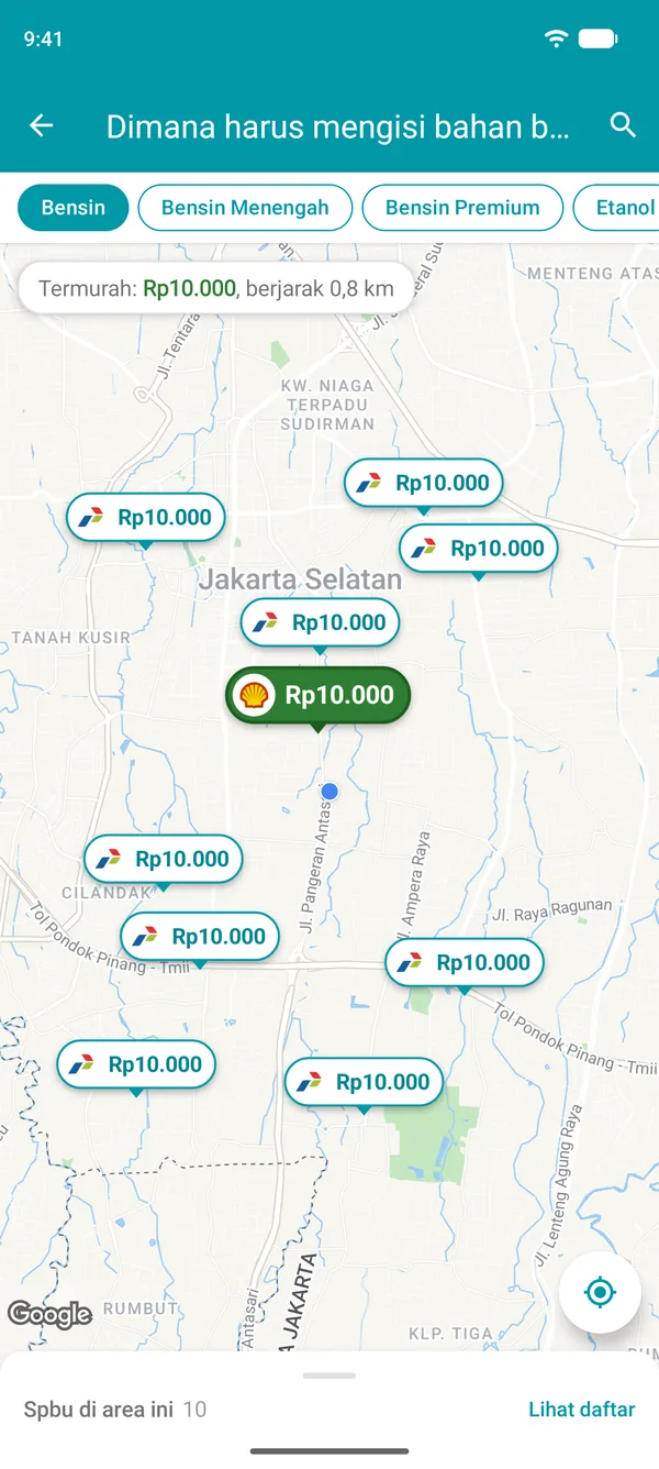 Peta di aplikasi Drivvo yang menampilkan harga bensin di setiap spbu terdekat, dengan yang termurah berwarna hijau