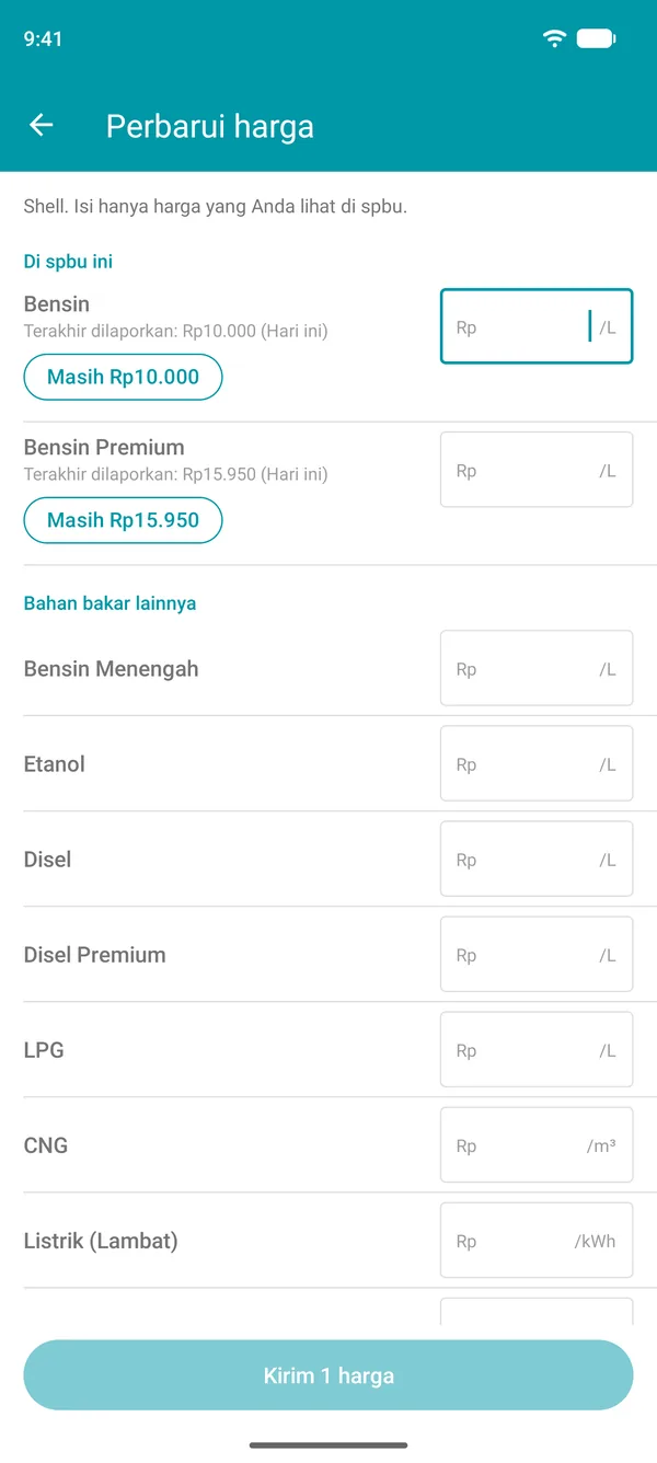 Layar Perbarui harga di aplikasi Drivvo, dengan harga terakhir yang dilaporkan untuk setiap bahan bakar dan tombol untuk mengonfirmasinya