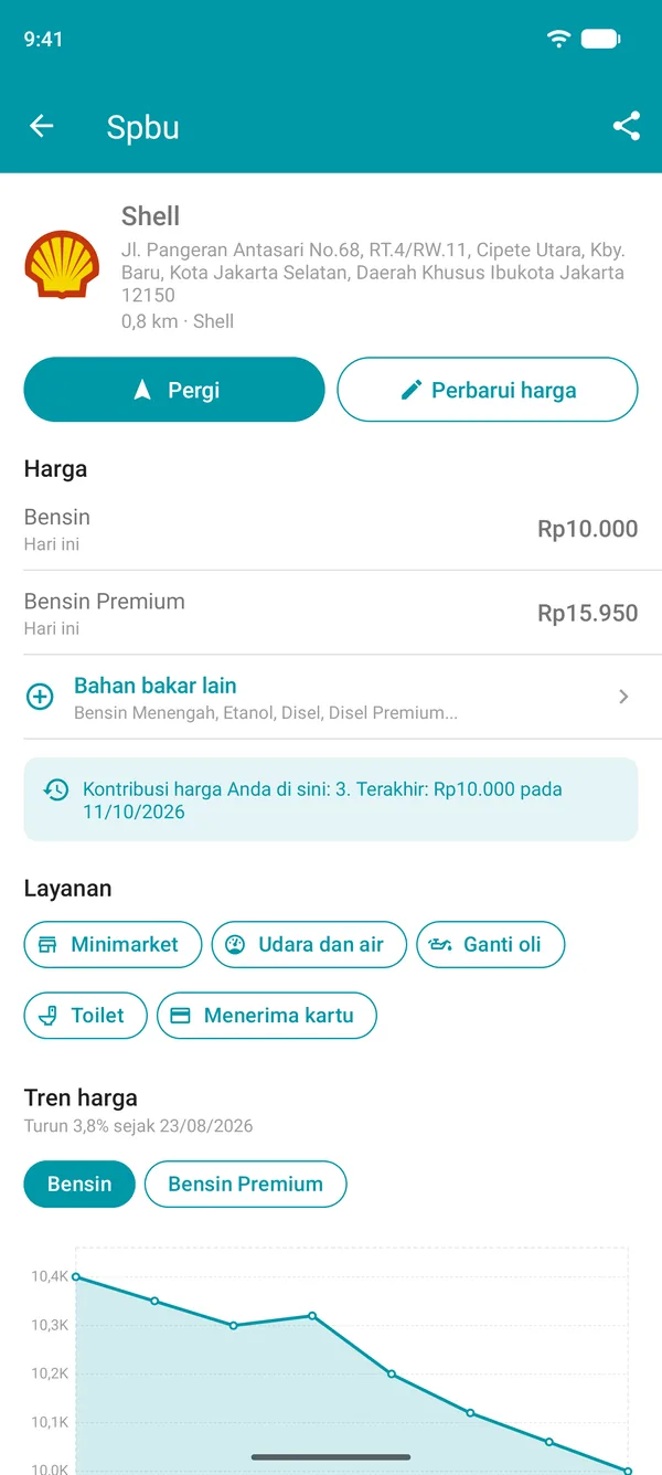 Detail SPBU di aplikasi Drivvo dengan harga bahan bakar, layanan, dan grafik riwayat harga