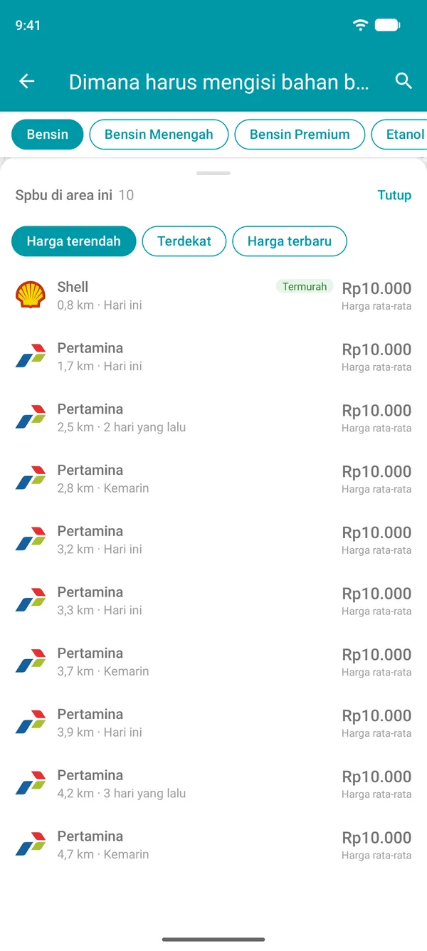 Daftar SPBU terdekat di aplikasi Drivvo, diurutkan dari harga terendah, dengan opsi untuk mengurutkan berdasarkan jarak