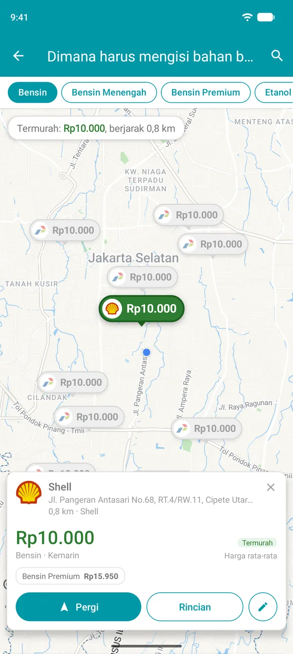 Spbu termurah yang dibuka di aplikasi Drivvo, menampilkan harga bahan bakar, jarak, dan tombol Pergi