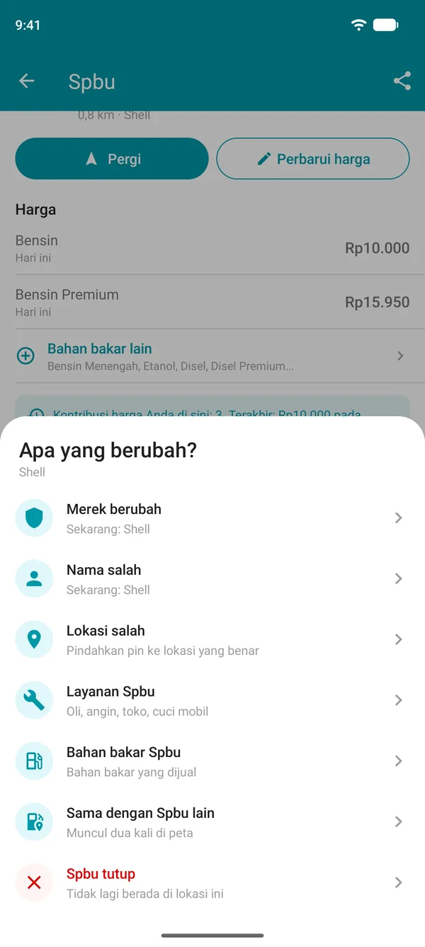 Opsi Sarankan perubahan di aplikasi Drivvo: merek, nama, lokasi, layanan, bahan bakar, SPBU duplikat atau tutup