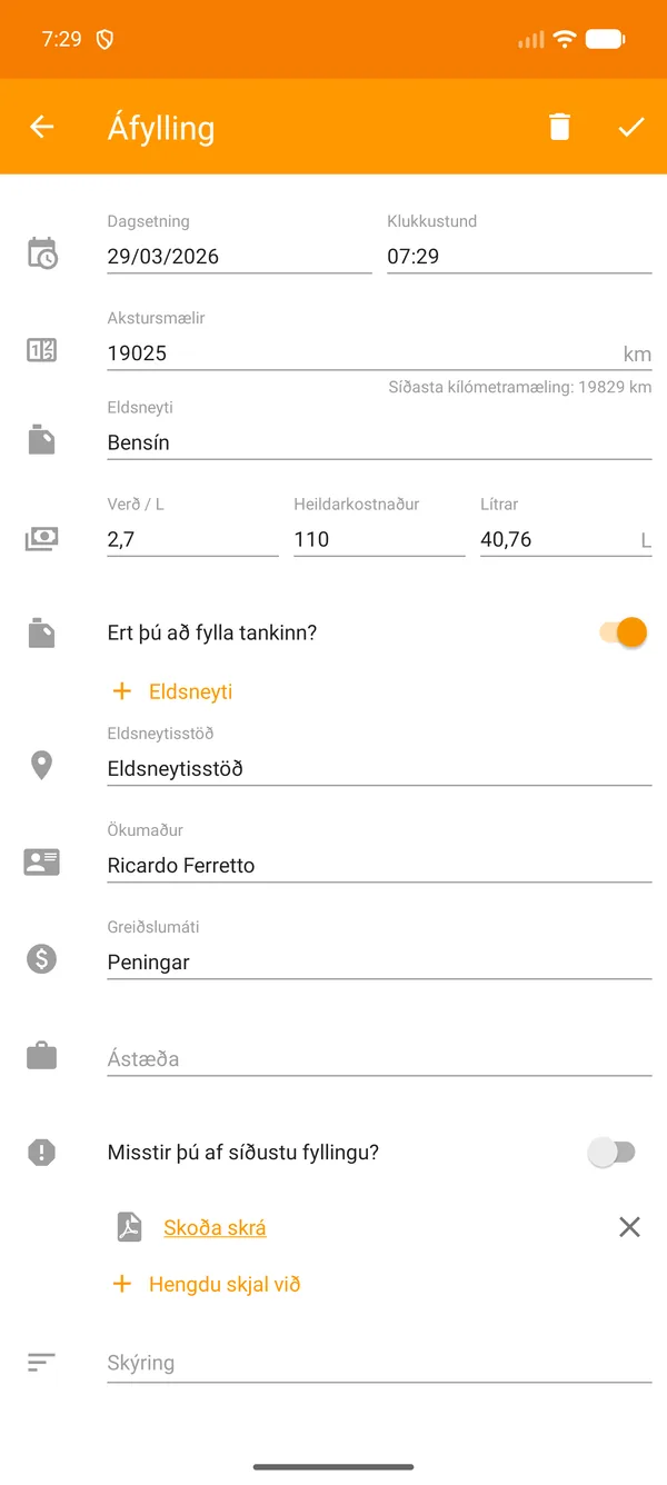 Drivvo — Skráning — Áfylling