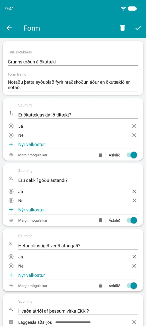 Gátlistaeyðublað búið til í Drivvo appinu, með já eða nei spurningum og skyldureit